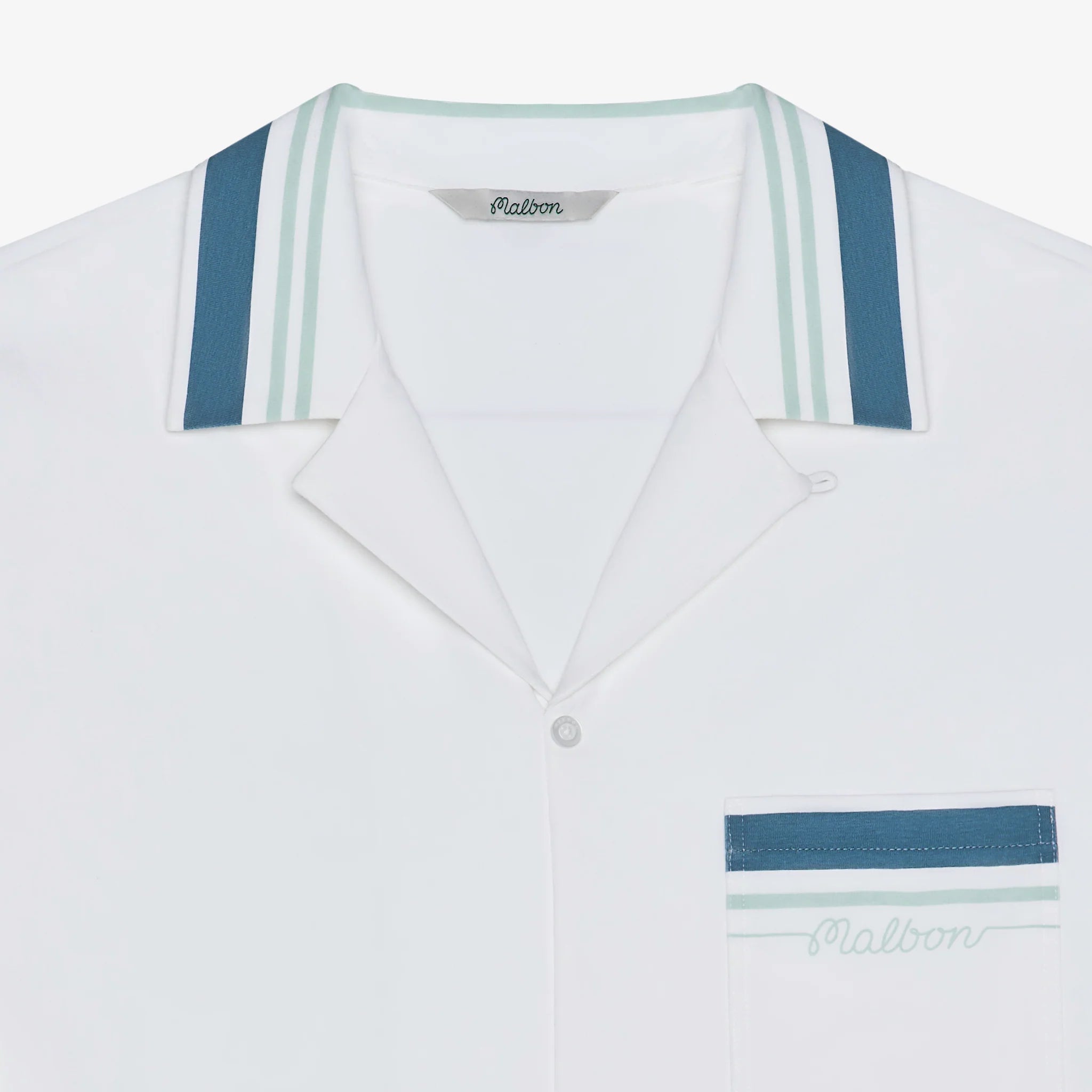 White shirt with blue and green striped accents on a white background
