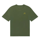 Green t-shirt with a small logo on a white background