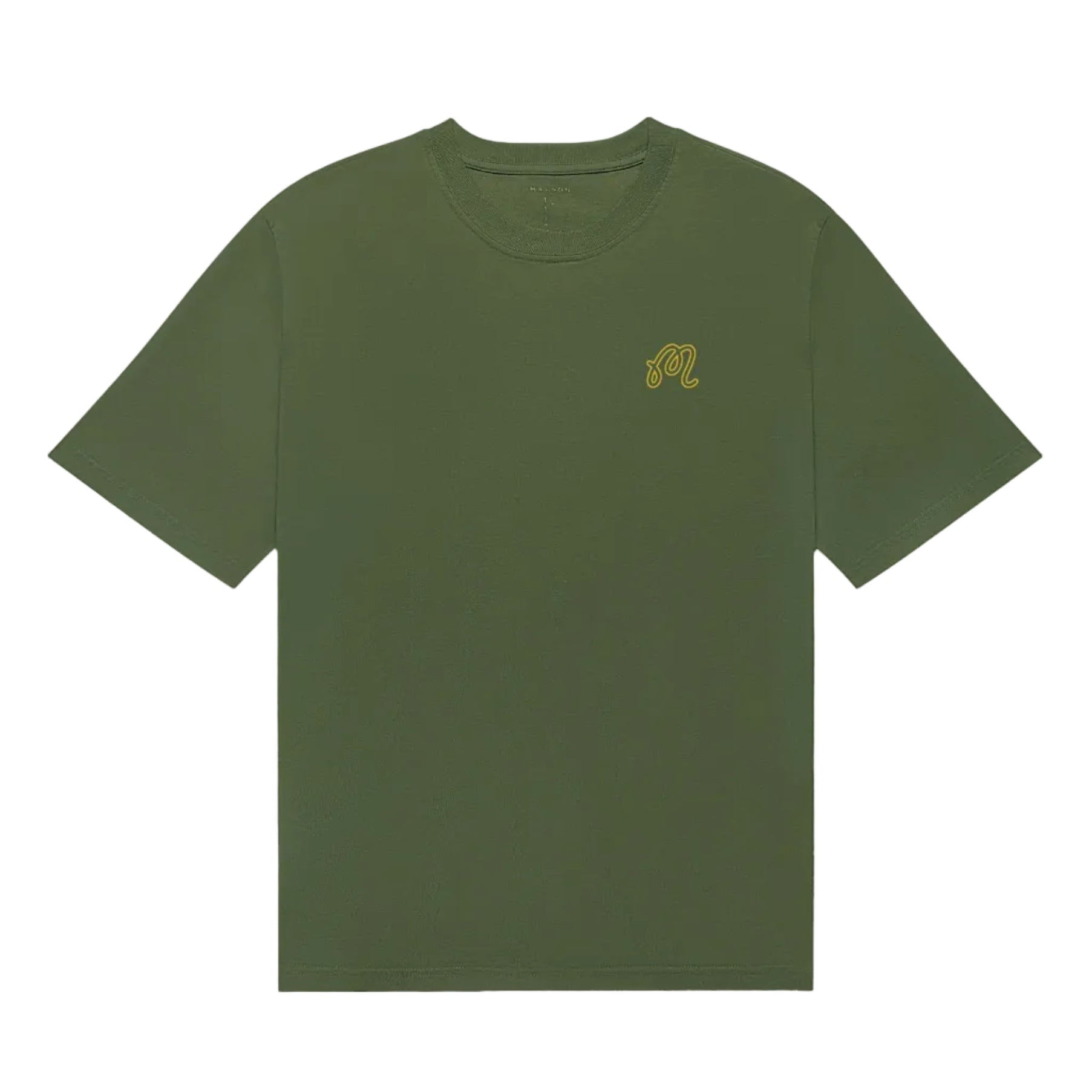 Green t-shirt with a small logo on a white background