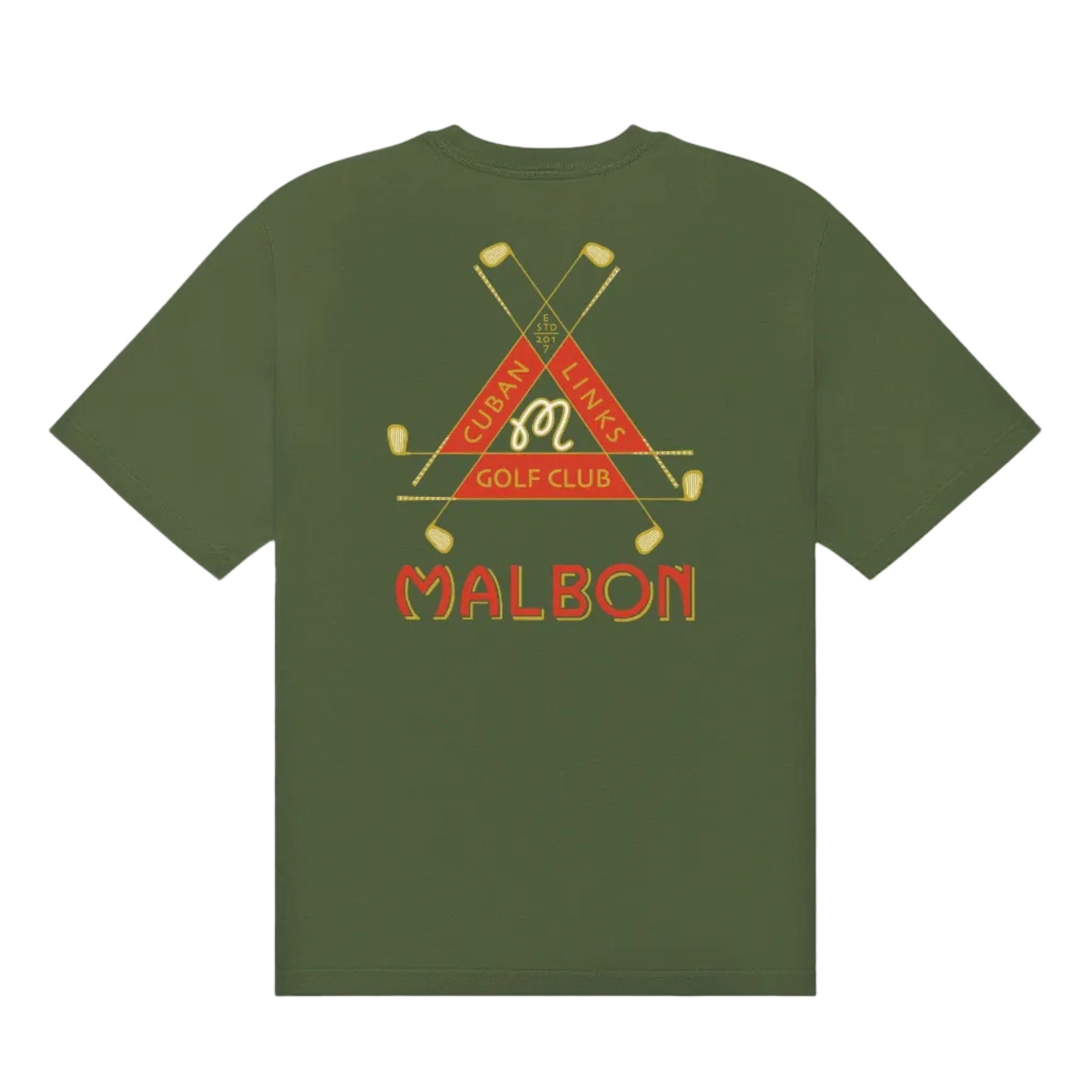 Green t-shirt with a golf-themed design and 'Malbon' branding on a white background