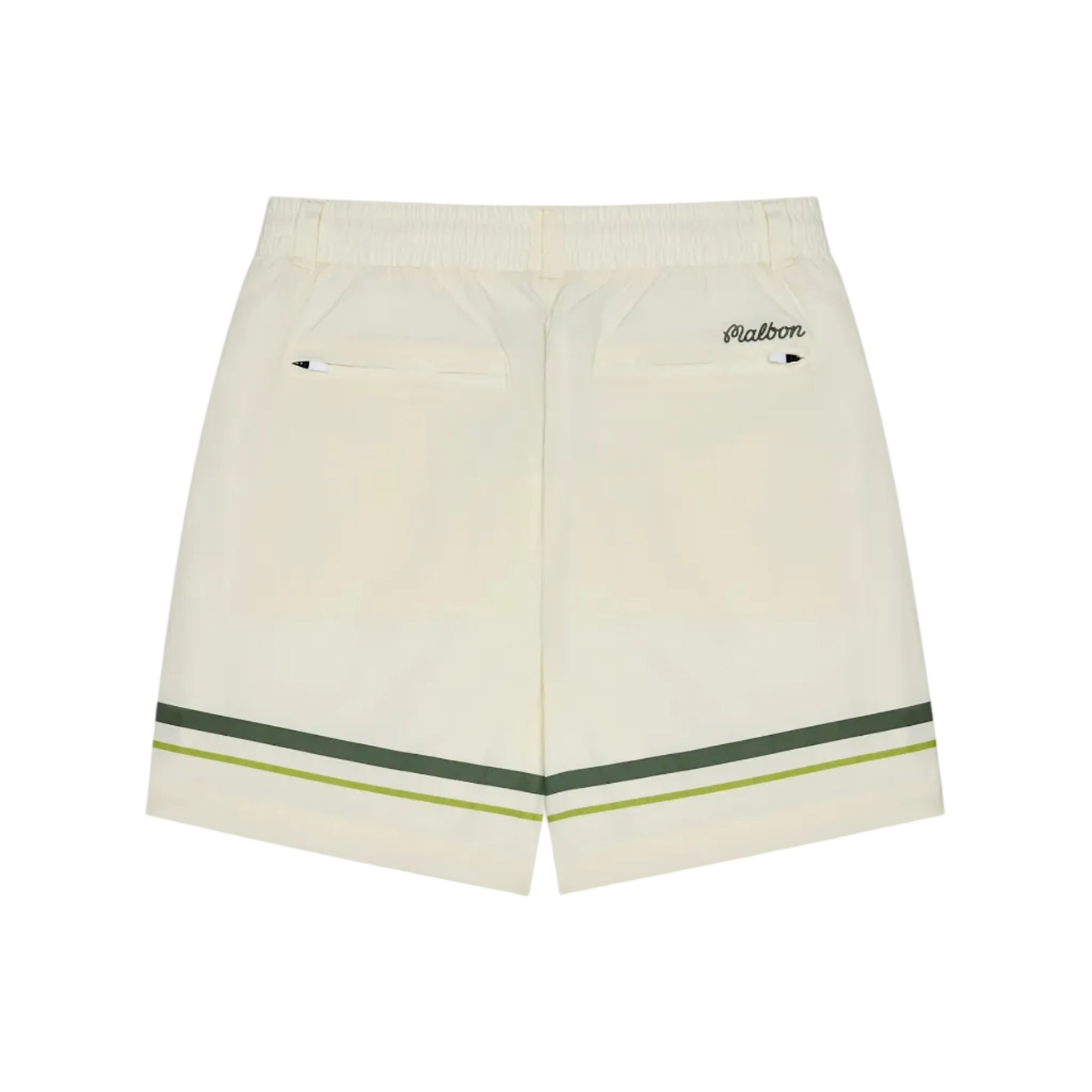 Off-white shorts with a green and yellow stripe detail at the hem, featuring a small embroidered 'Maison' logo on the upper right side, shown against a plain white background.