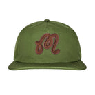 Green cap with brown embroidered logo on a white background