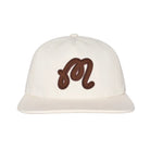 White cap with brown 'M' logo on a white background