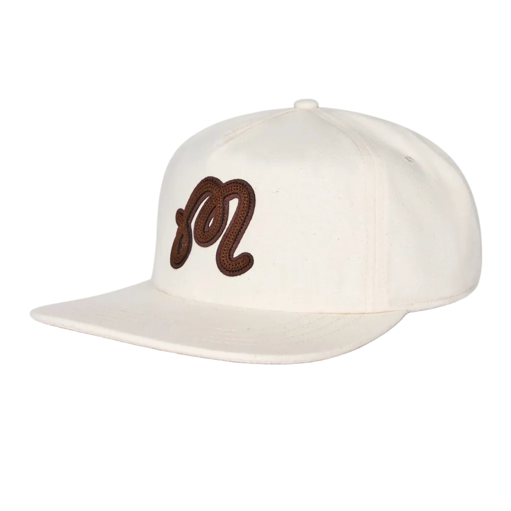 White cap with brown logo on a white background