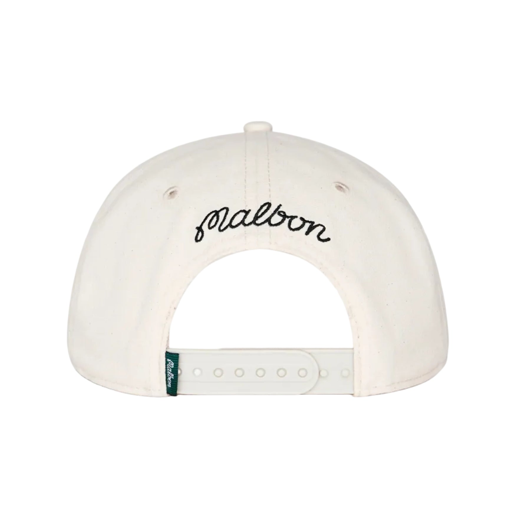 White cap with 'Malbon' branding on a white background