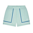 Light blue shorts with white and blue trim on a white background