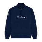 A navy half-zip pullover sweatshirt with 'Malbon' written in white script across the chest and a small white circular logo on the right sleeve, shown against a white background.