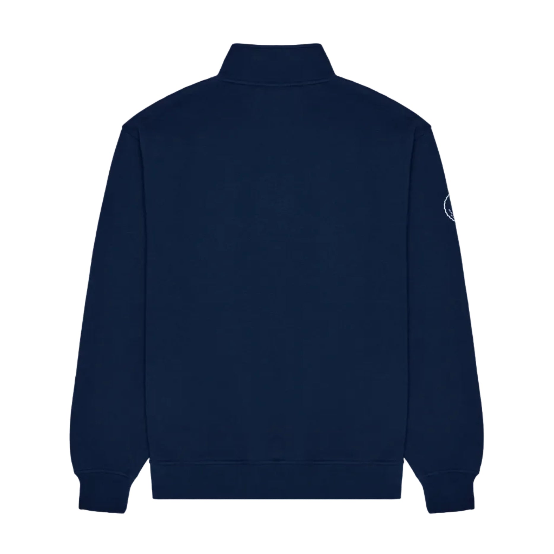 Navy blue quarter-zip sweatshirt on a white background