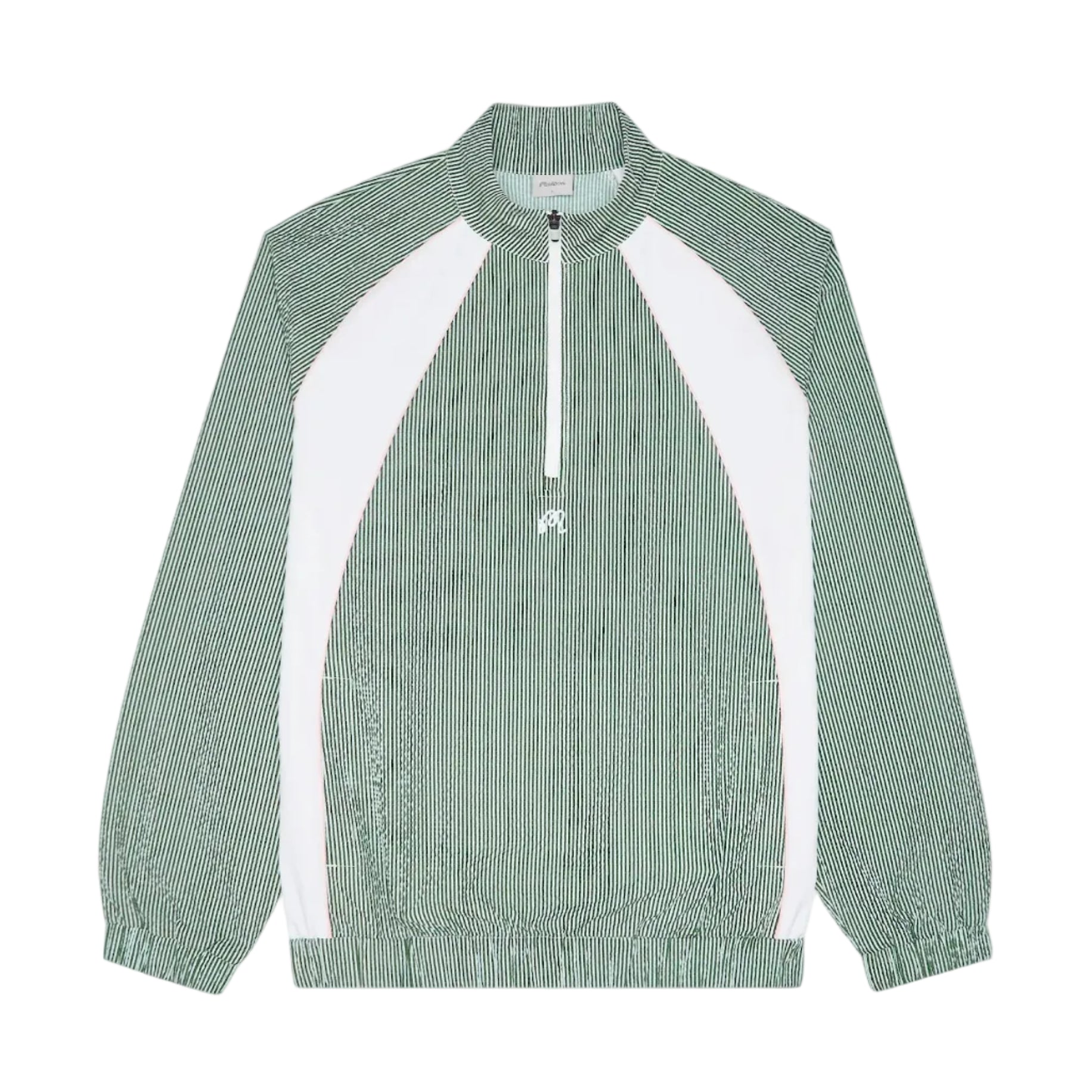 Green seersucker pullover jacket on a white backgrou