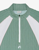 Close-up of a green seersucker pullover jacket on a white background