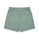 Back view of green seersucker shorts on a white background