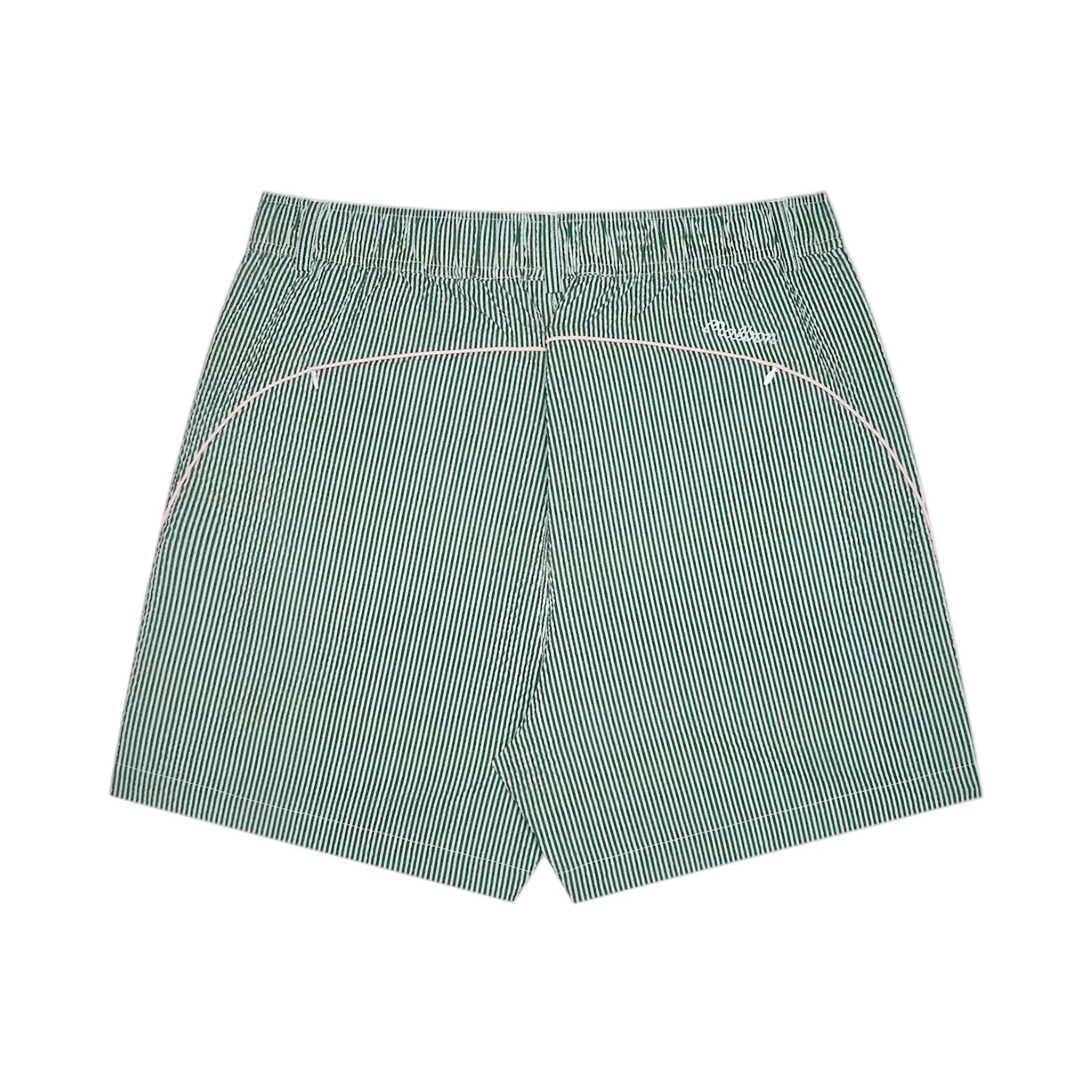 Back view of green seersucker shorts on a white background