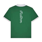 Green polo with logo at the down the back on a white background