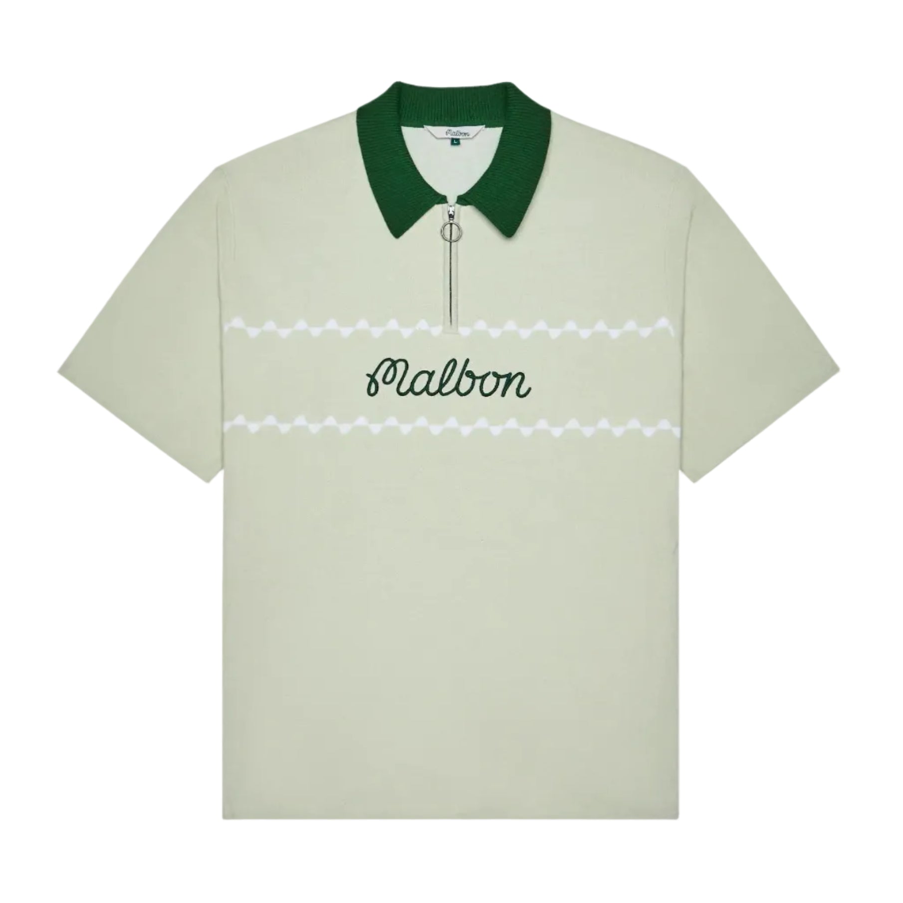 Green knit polo with an embroidered 'Malbon' logo across the chest on a white background
