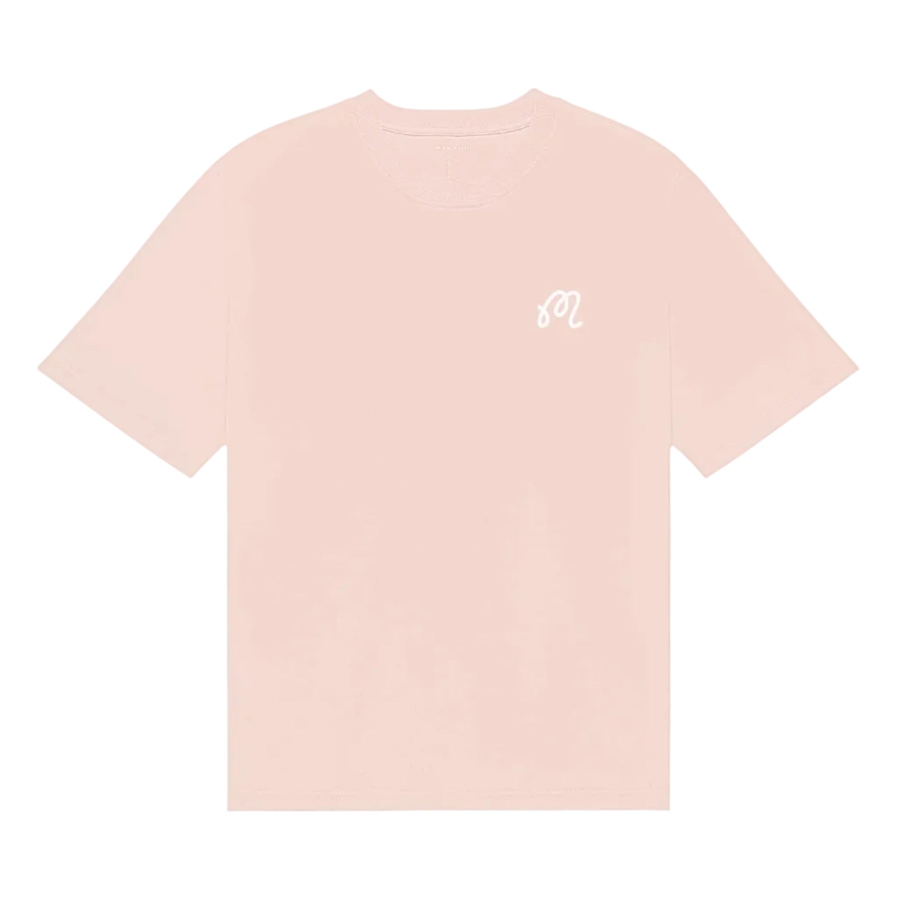 Pink t-shirt with an 'M' logo printed at the chest on a white background