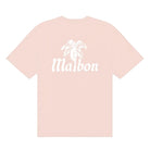 Pink t-shirt with a 'Malbon' palm tree logo printed across the back on a white background