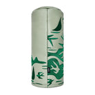 Green leather driver head cover with embroidered graphic on a white background