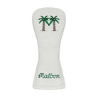 White hybrid headcover with embroidered palms and 'Malbon' details on a white background