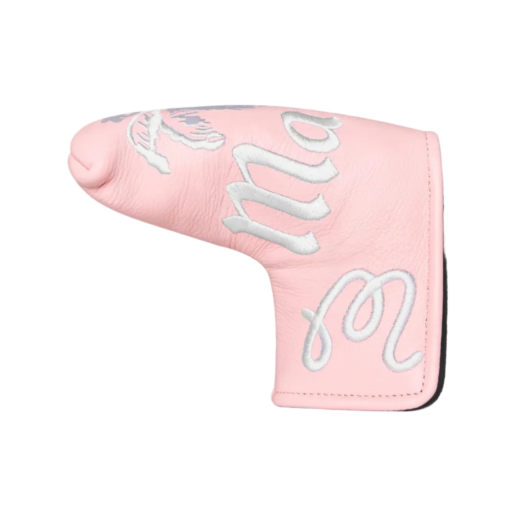 Pink blade putter cover with white embroidered details on a white background