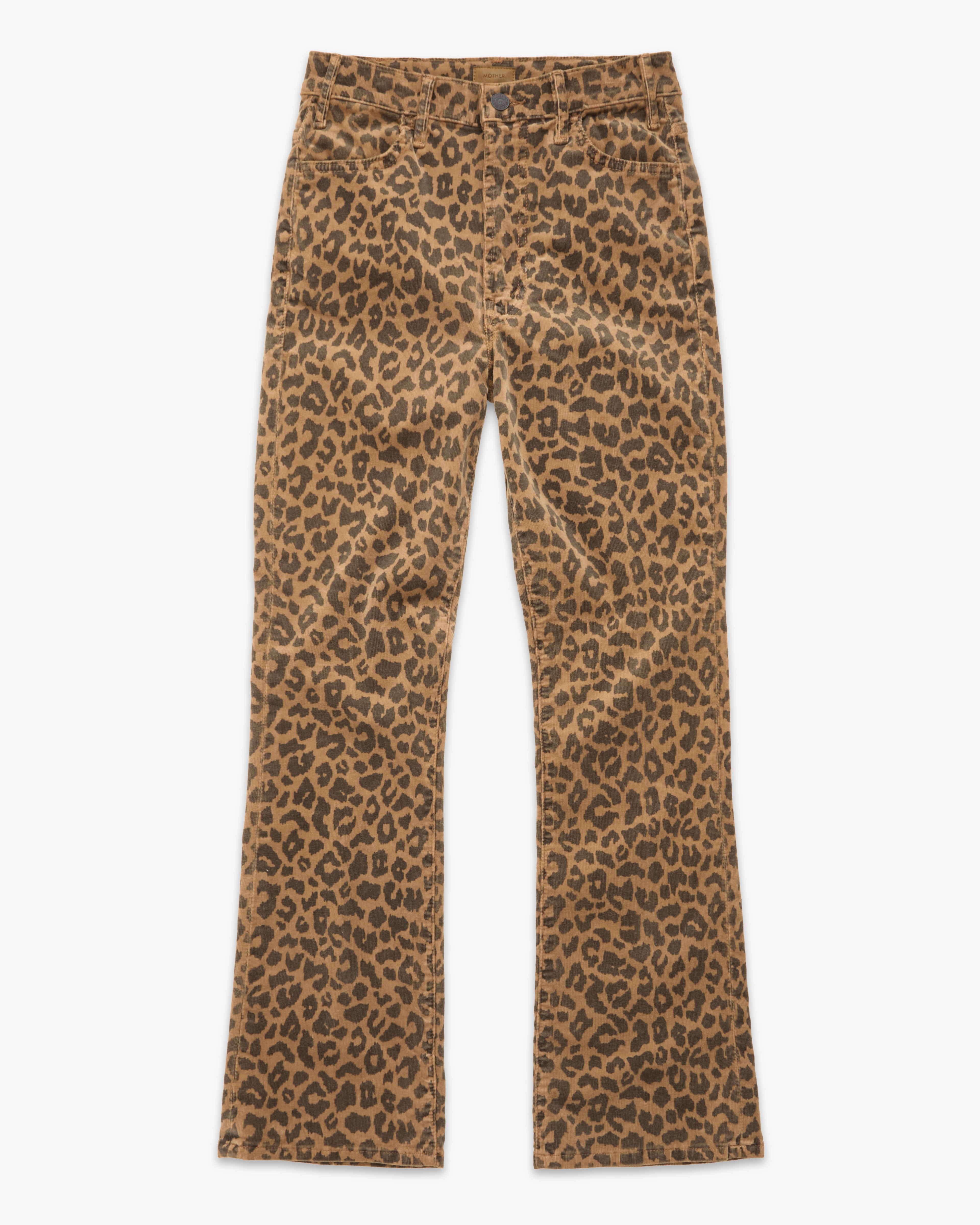 A pair of high-waisted, straight-leg jeans featuring a brown and tan leopard print pattern, shown flat against a light gray background.
