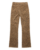 A pair of cropped flare jeans featuring a brown and black leopard print pattern, displayed flat against a white background.