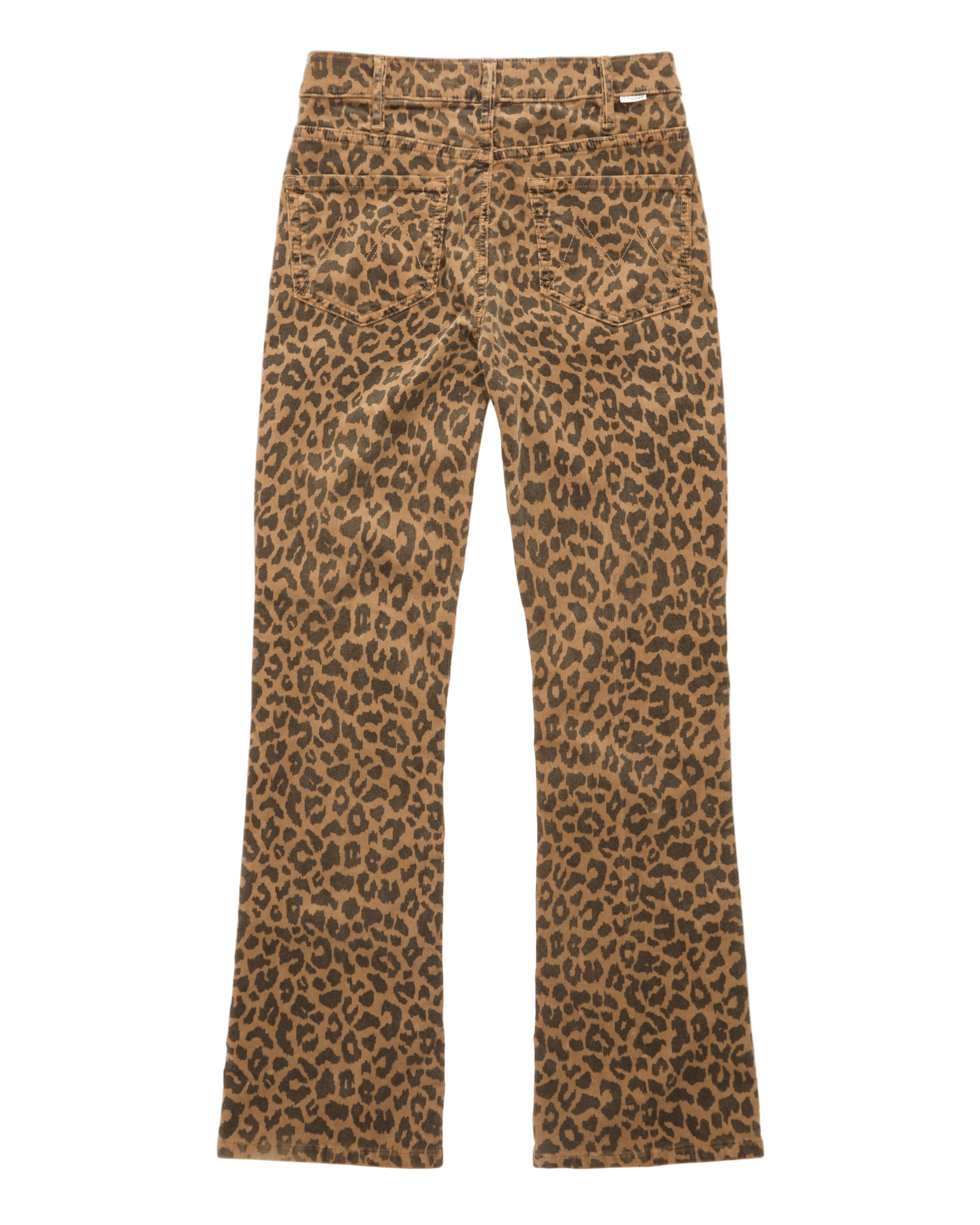 A pair of cropped flare jeans featuring a brown and black leopard print pattern, displayed flat against a white background.