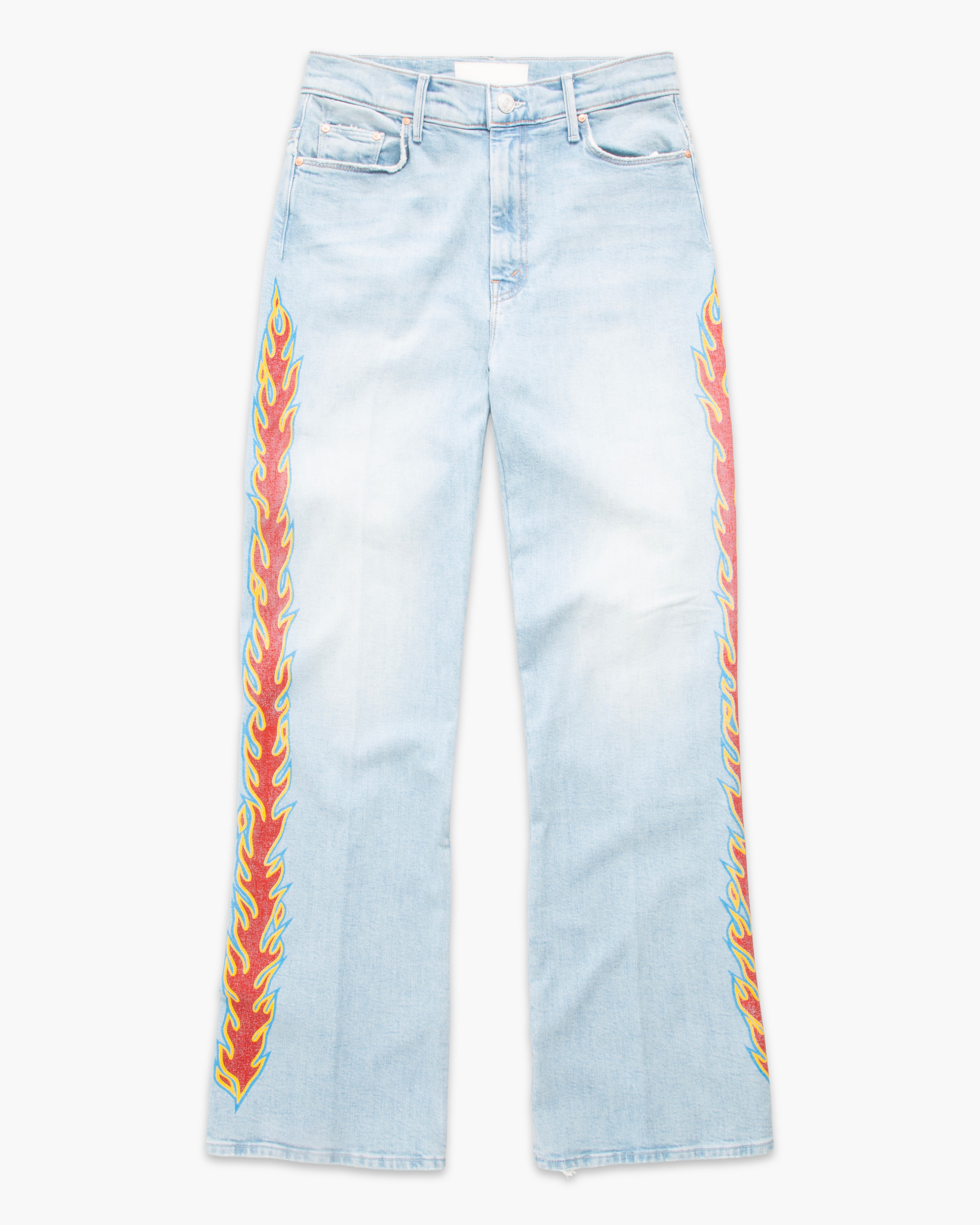 Light wash blue denim jeans with vibrant red, orange, and yellow flame-like printed vertical patterns running down both outer legs, shown flat against a plain white background.