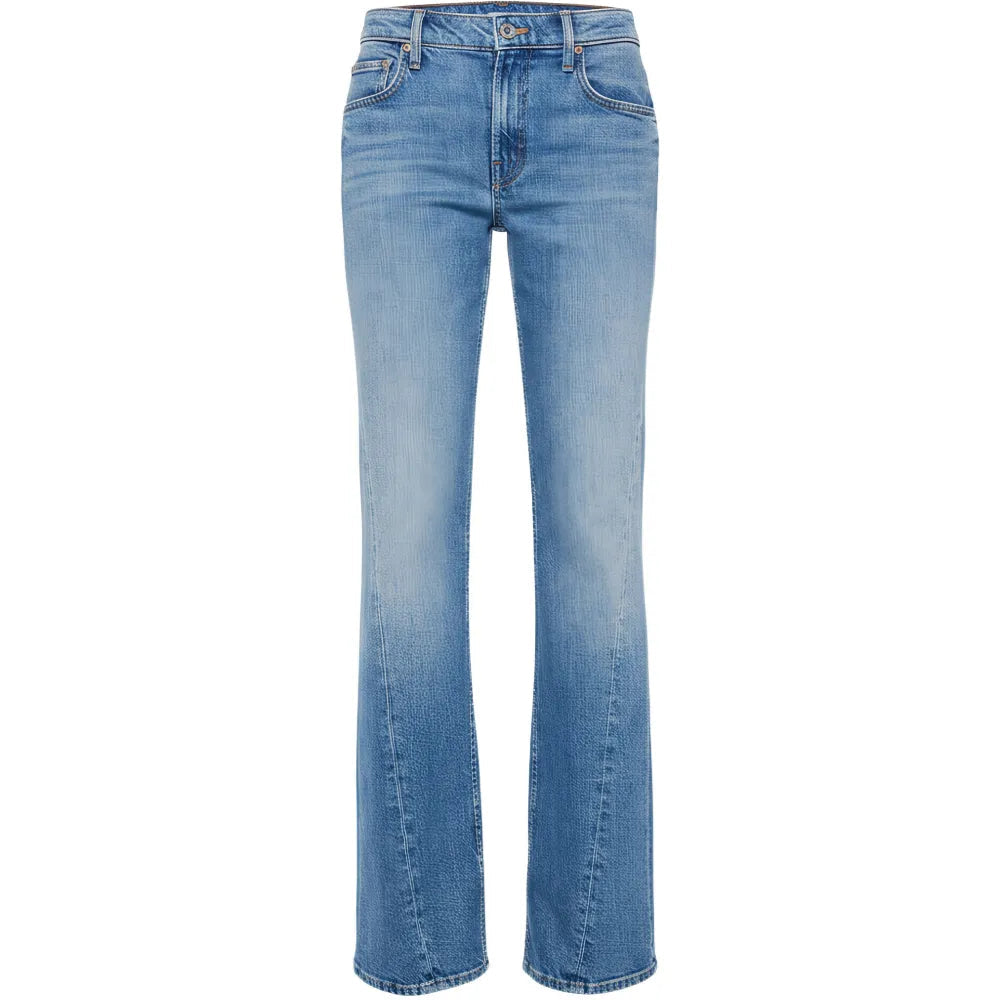 Light blue denim jeans with a straight-to-flare leg, shown against a plain white background.