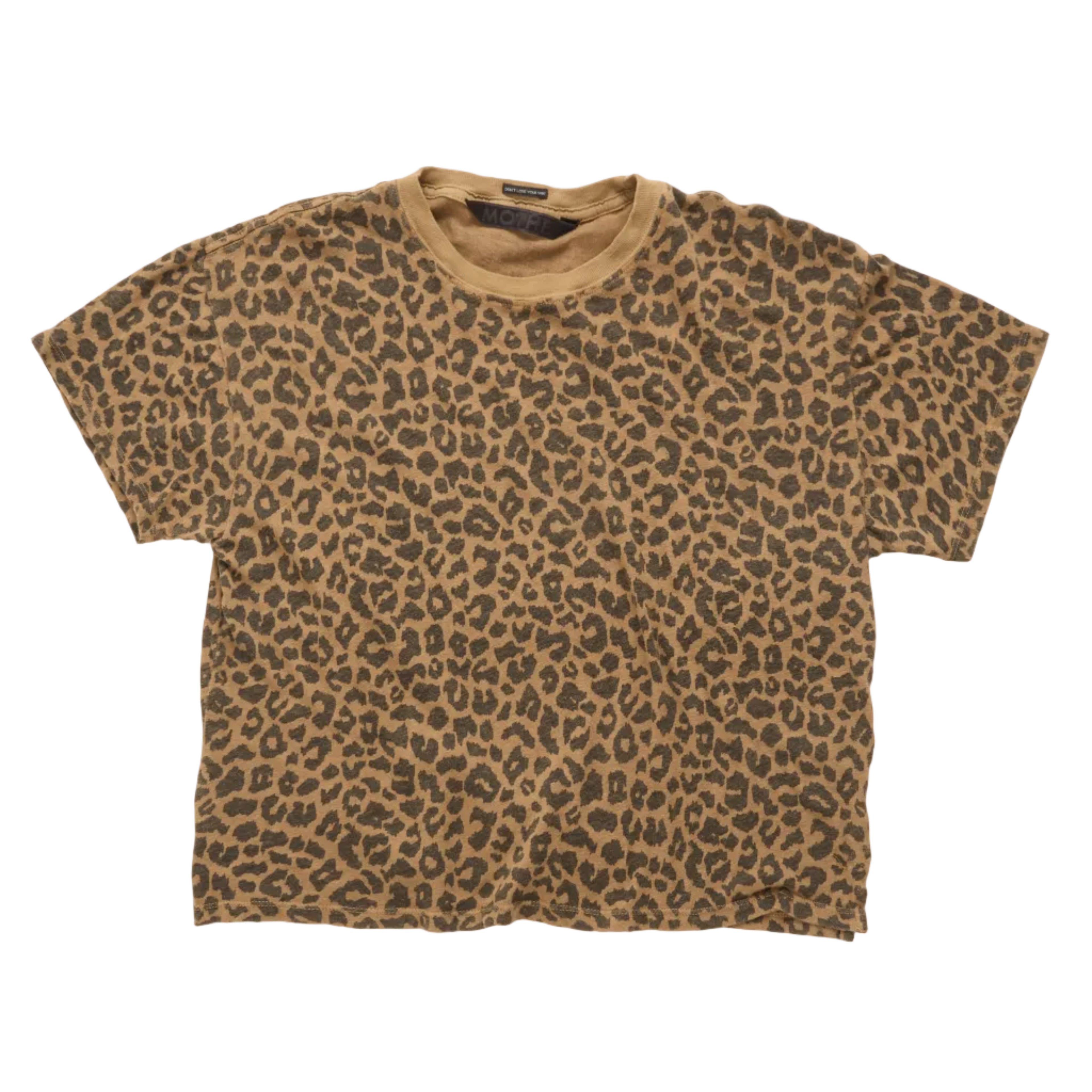 A short-sleeve crewneck t-shirt with an all-over leopard print pattern in brown and tan, laid flat against a white background.
