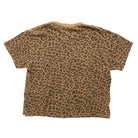 A short-sleeve crewneck t-shirt with an all-over leopard print pattern in brown and tan, shown flat against a white background.