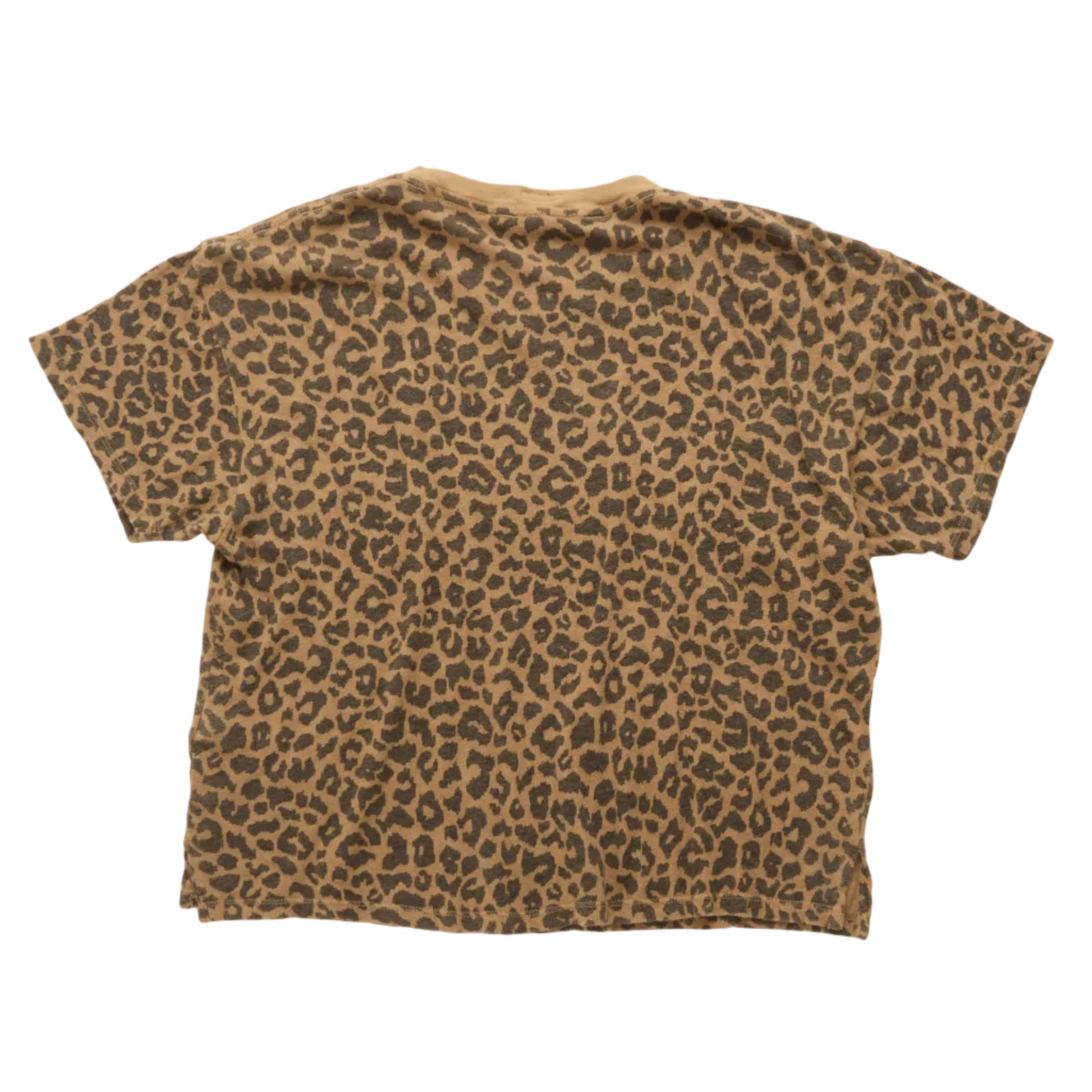 A short-sleeve crewneck t-shirt with an all-over leopard print pattern in brown and tan, shown flat against a white background.