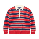 A long-sleeve striped rugby shirt with red, navy, and cream horizontal stripes, featuring a cream collar and a short button placket, laid flat against a white background.