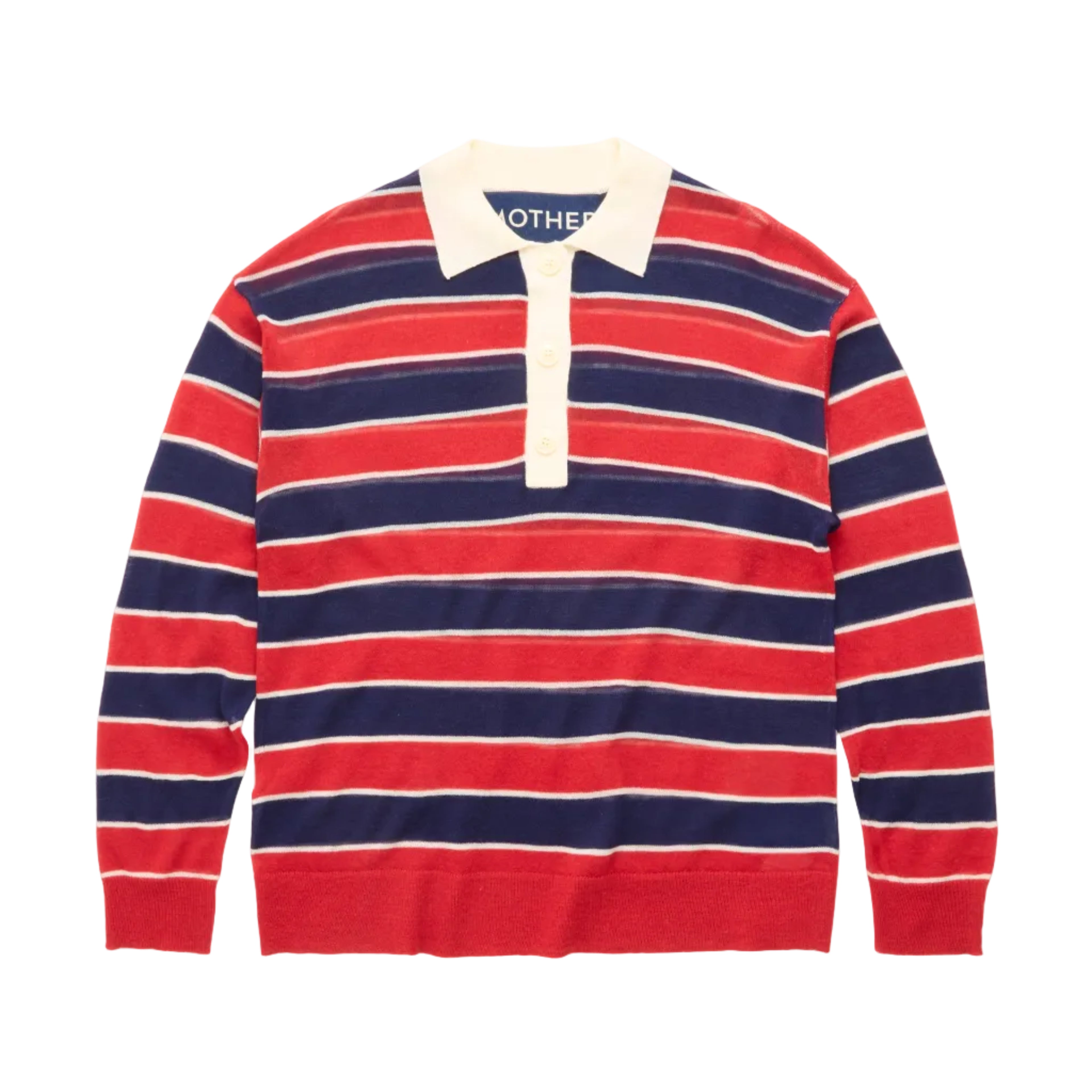 A long-sleeve striped rugby shirt with red, navy, and cream horizontal stripes, featuring a cream collar and a short button placket, laid flat against a white background.