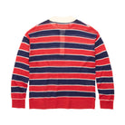 A long-sleeve striped knit rugby shirt shown from the back, featuring horizontal stripes of red, navy blue, and thin white lines, laid flat against a white background.