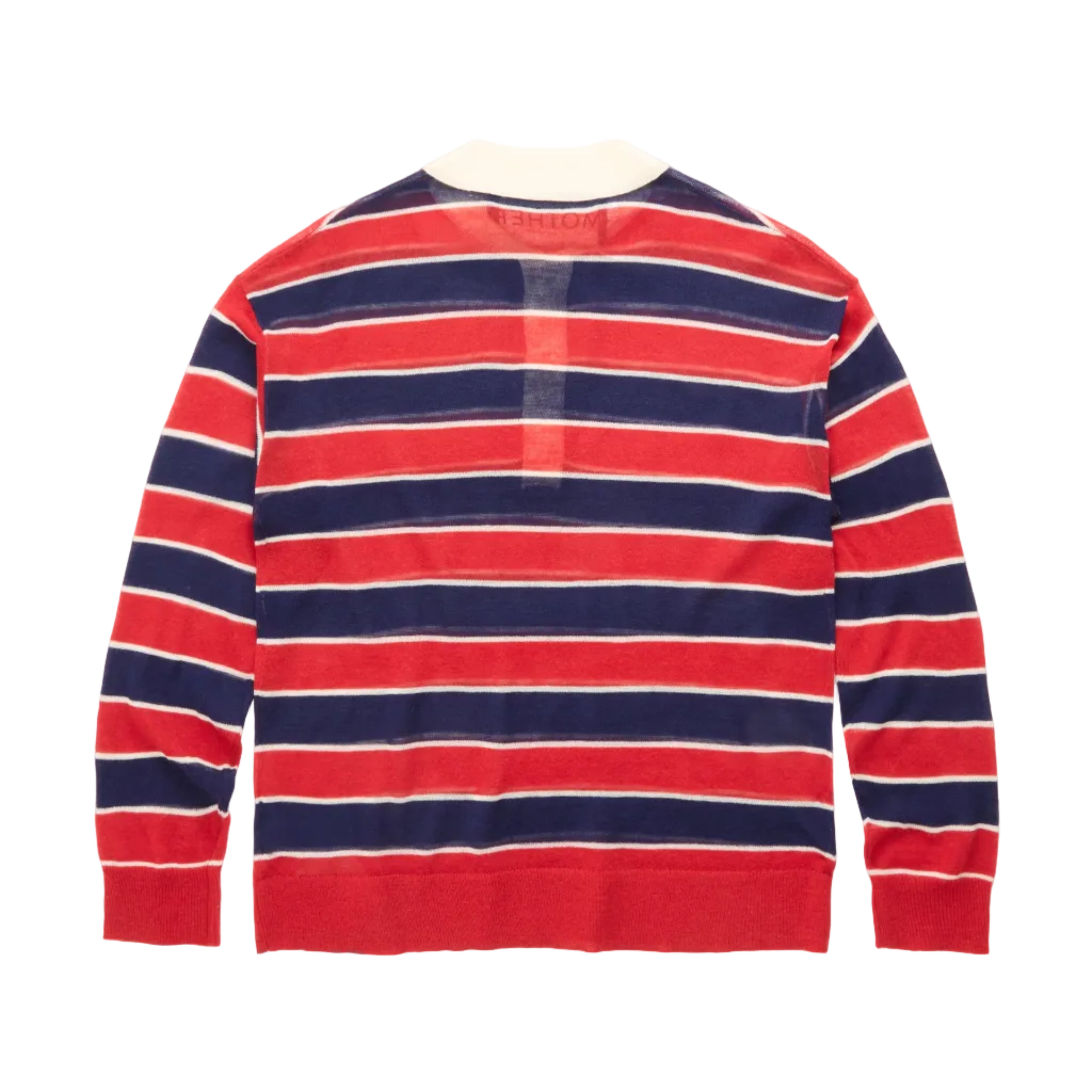 A long-sleeve striped knit rugby shirt shown from the back, featuring horizontal stripes of red, navy blue, and thin white lines, laid flat against a white background.