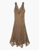 A sleeveless leopard-print midi dress with a V-neckline, shown against a plain white background.