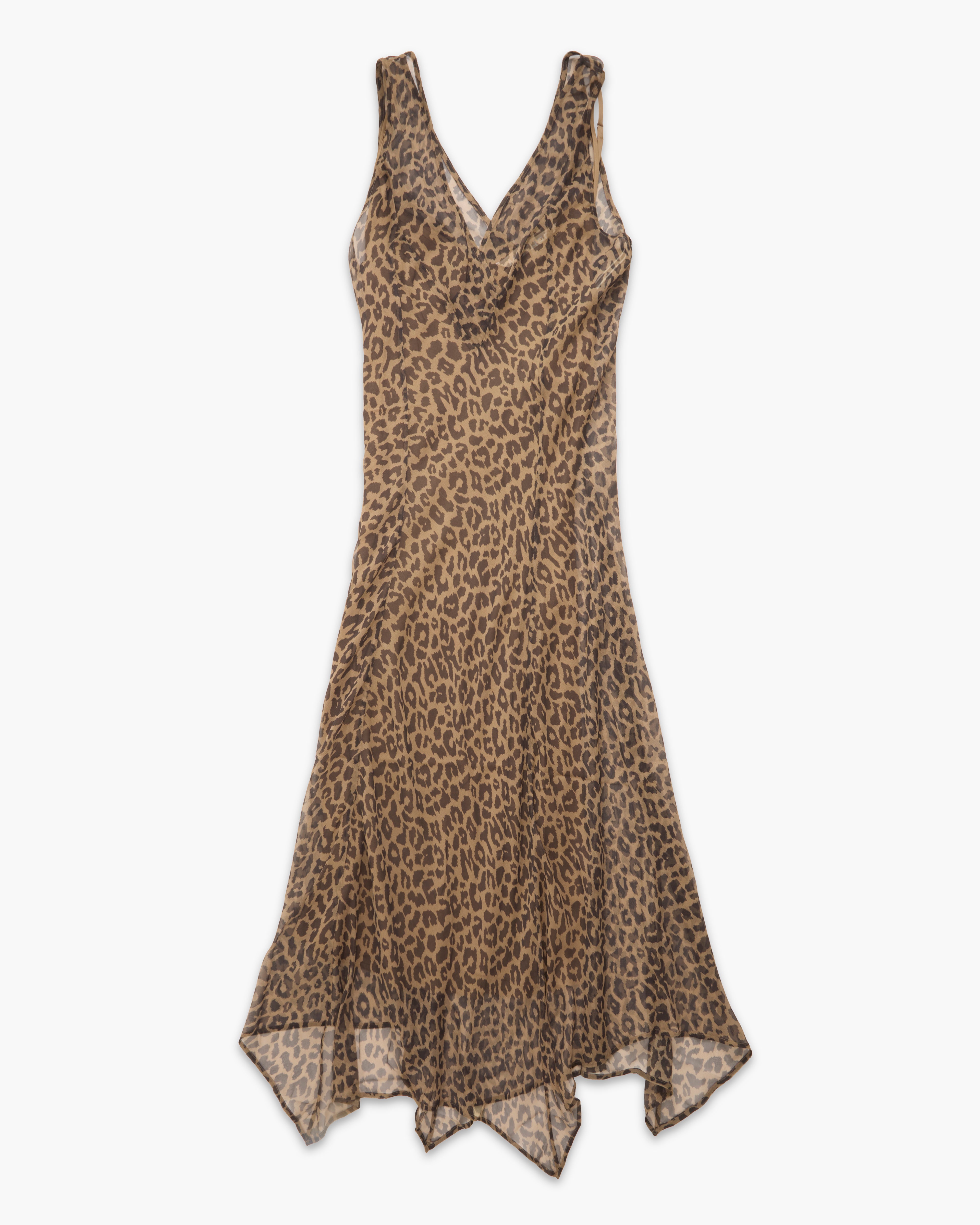 A sleeveless leopard-print midi dress with a V-neckline, shown against a plain white background.