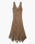 A sleeveless leopard-print midi dress with a V-neckline, shown flat against a light gray background.