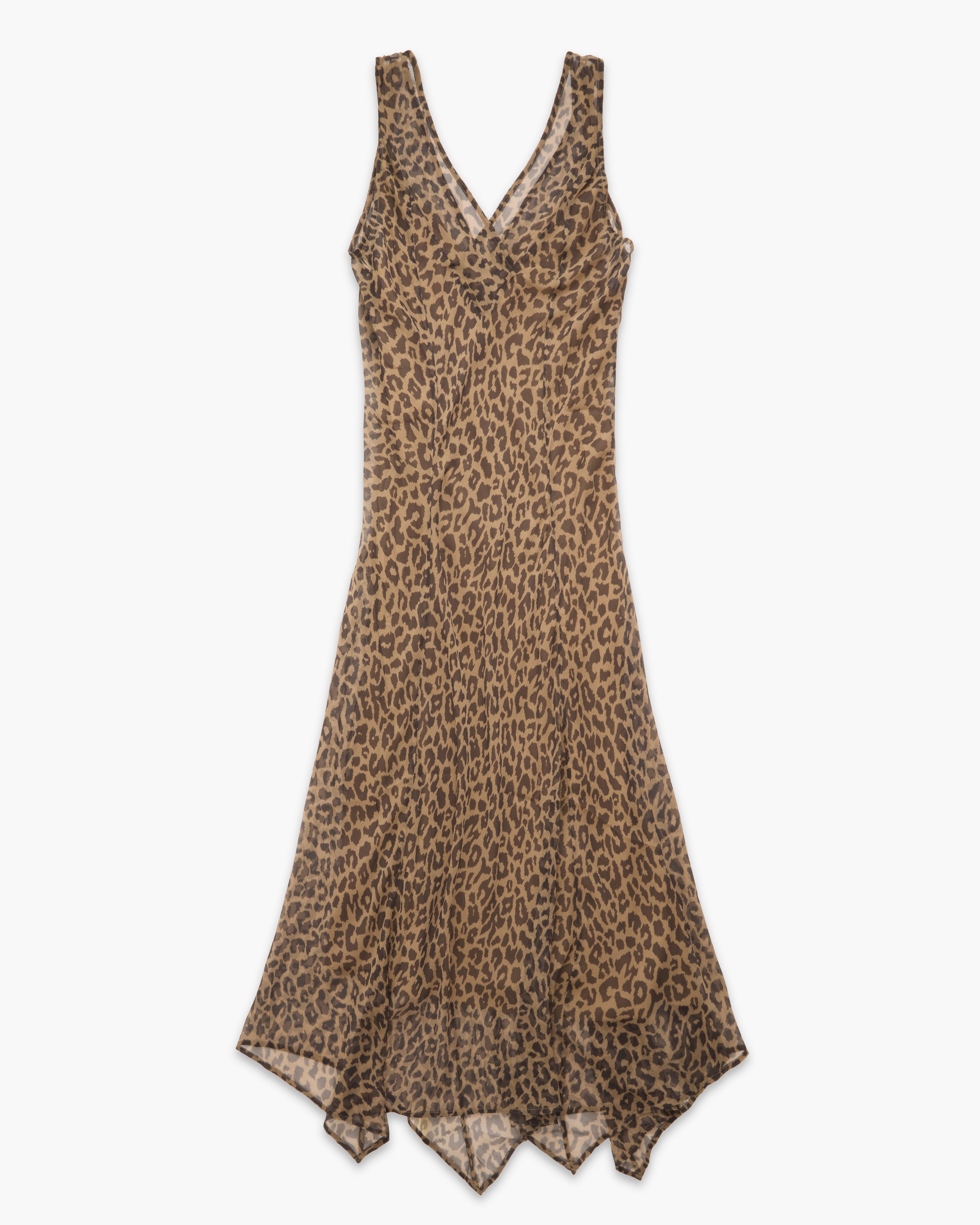 A sleeveless leopard-print midi dress with a V-neckline, shown flat against a light gray background.