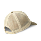 A beige trucker-style baseball cap shown from a rear three-quarter angle on a clean white background.