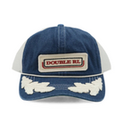 A blue denim trucker hat with white mesh back panels, featuring a rectangular 'DOUBLE RL' brand patch on the front and distressed white embroidery on the brim.