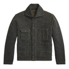 A dark charcoal gray ribbed knit jacket with a stand-up collar, snap-button front, and four front pockets, shown on a plain white background.