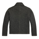 A dark charcoal gray ribbed knit cardigan sweater shown from the back, featuring a collar and long sleeves, displayed on a solid white background.