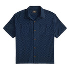 A short-sleeve button-up shirt in navy blue with a small white geometric pattern, displayed flat against a plain white background.