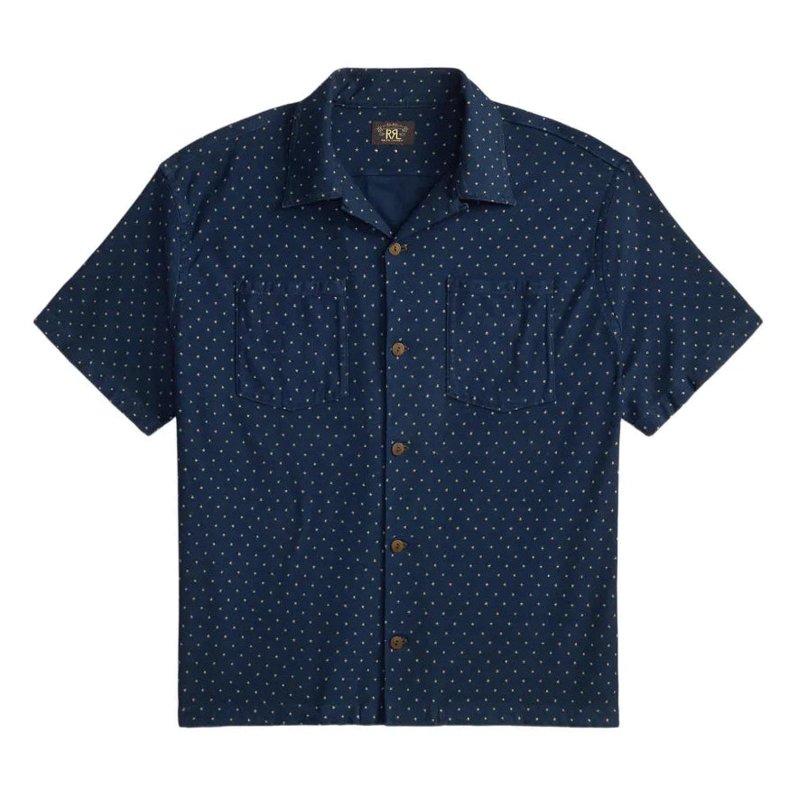 A short-sleeve button-up shirt in navy blue with a small white geometric pattern, displayed flat against a plain white background.