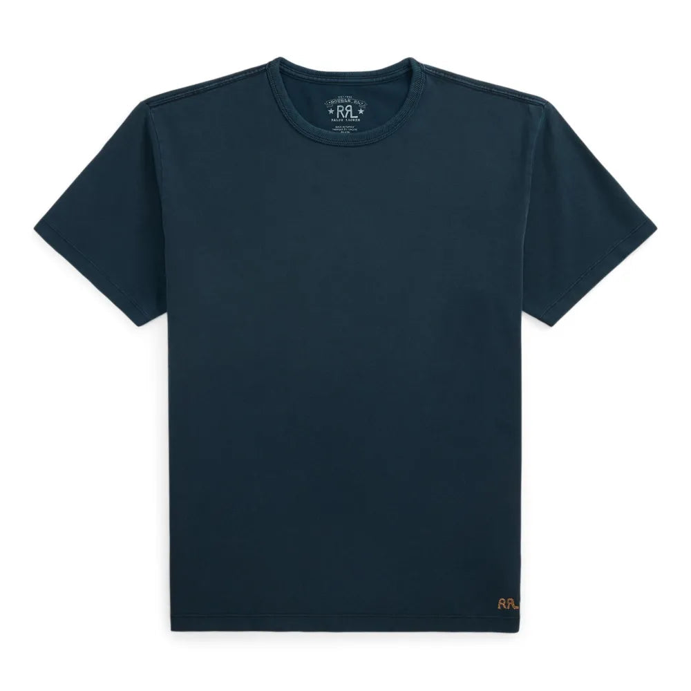 A dark navy blue short-sleeve crewneck t-shirt with a small gold embroidered 'RL' logo on the bottom right hem, displayed flat against a solid white background.