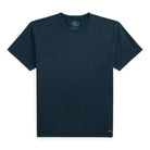 A dark navy blue short-sleeve crewneck t-shirt with a small gold embroidered 'RL' logo on the bottom right hem, displayed flat against a solid white background.