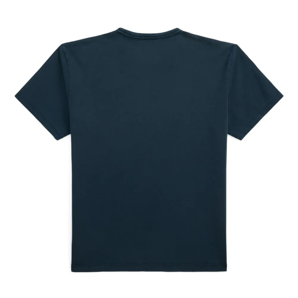 A dark navy blue short-sleeve crewneck t-shirt shown from the back, isolated on a solid white background.