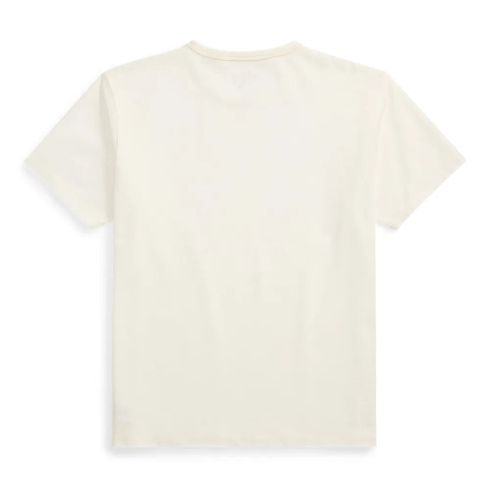 A plain cream-colored short-sleeve t-shirt shown from the back, laid flat against a solid white background.