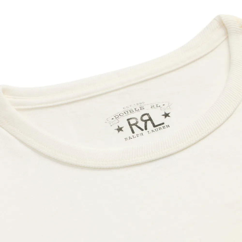 Close-up of a cream-colored crewneck t-shirt showing the inner neck label with the 'Double RL' brand logo.